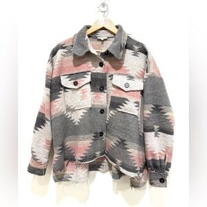 La Miel Aztec Geometric Distressed Flannel Boxy Cropped Raw Hem Jacket Medium